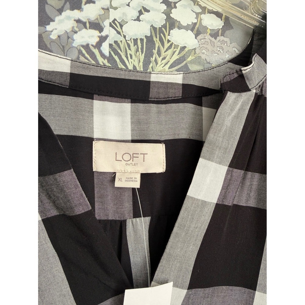 LOFT Outlet Black White Buffalo Check Plaid Midi Dress Elastic Waist Tie Size XL - Picture 3 of 7